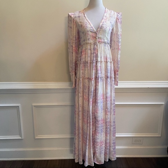 ROCOCO SAND Boho Button Front Metallic Pink   Ruffled Tiered Maxi Dress Size S - Picture 1 of 10